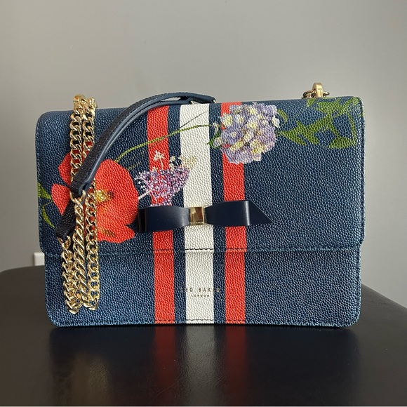 Ted Baker Handbags - Ted Baker ‘Tracyy Hedgerow’ Blue Poppy Floral Shoulder Bag with Gold Chain Strap